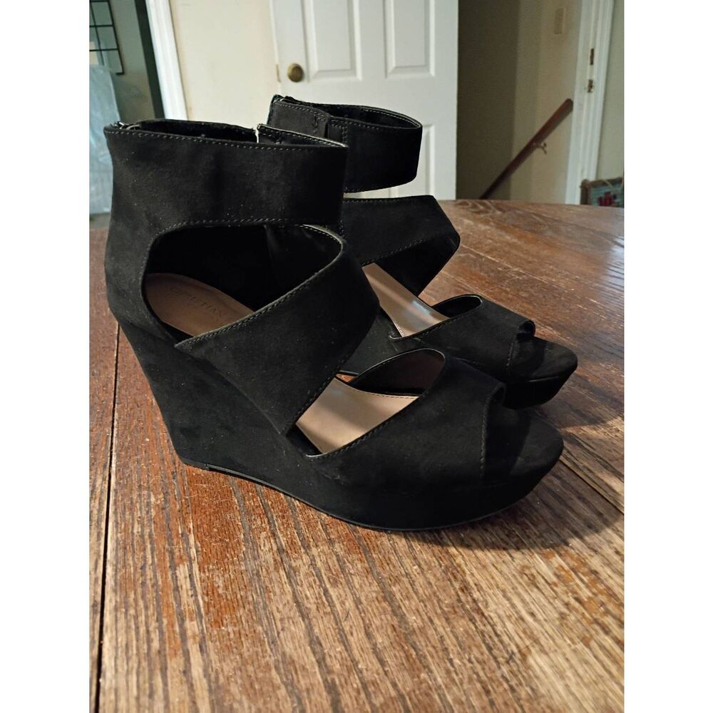 Sz 10 Christian Siriano for Payless Black Faux Suede Wedge High Heel Dress Shoes
